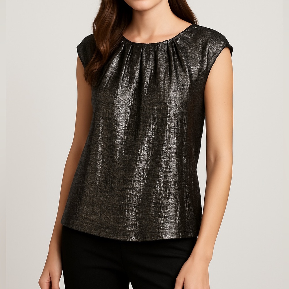 Lela Rose Silk Silver Black Metallic Top Women’s 2 Glam Evening Quiet Luxury